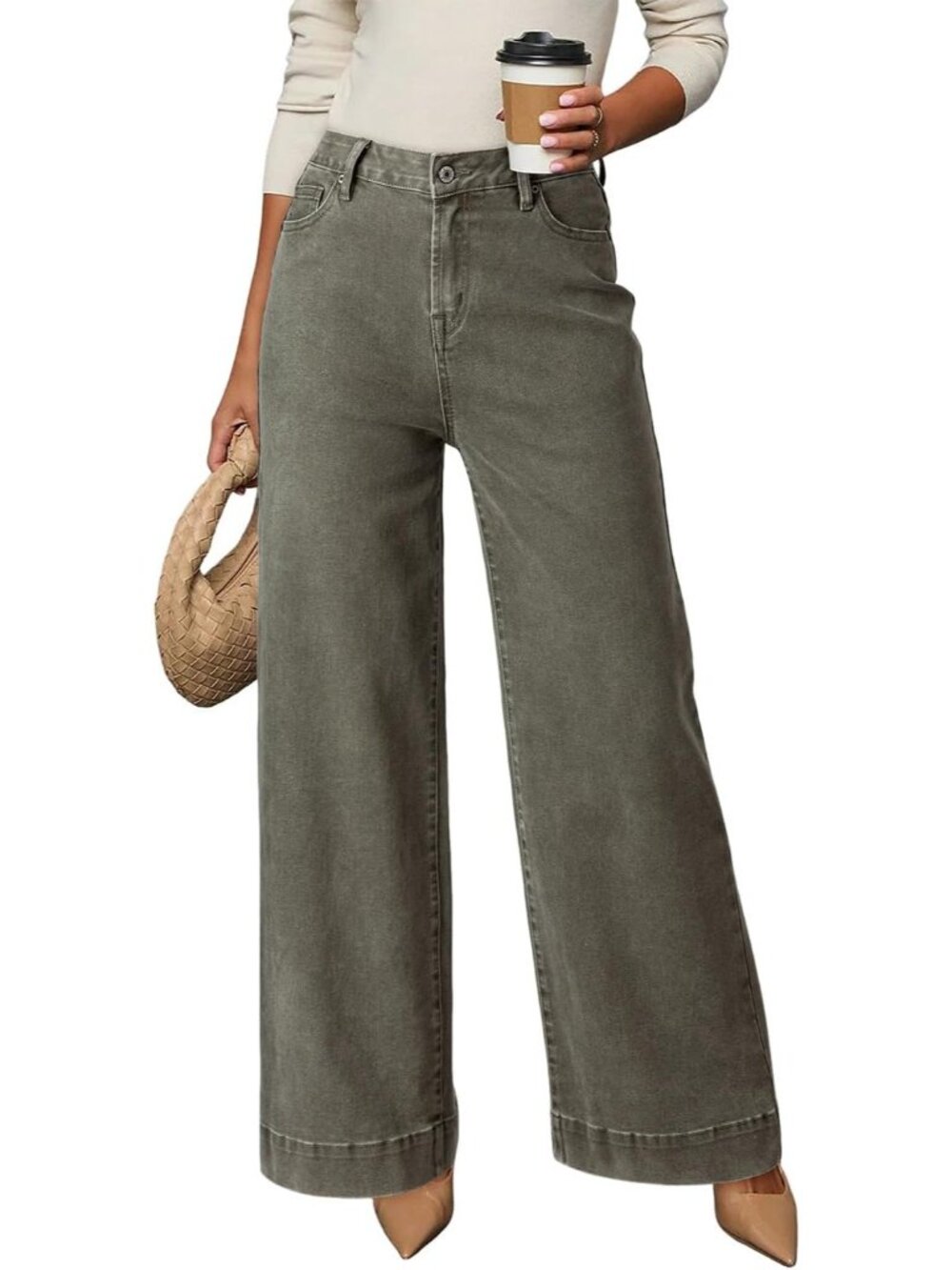 Women's Green High Waisted Jeans Stretch Wide Leg Loose Denim Baggy Jeans Pant